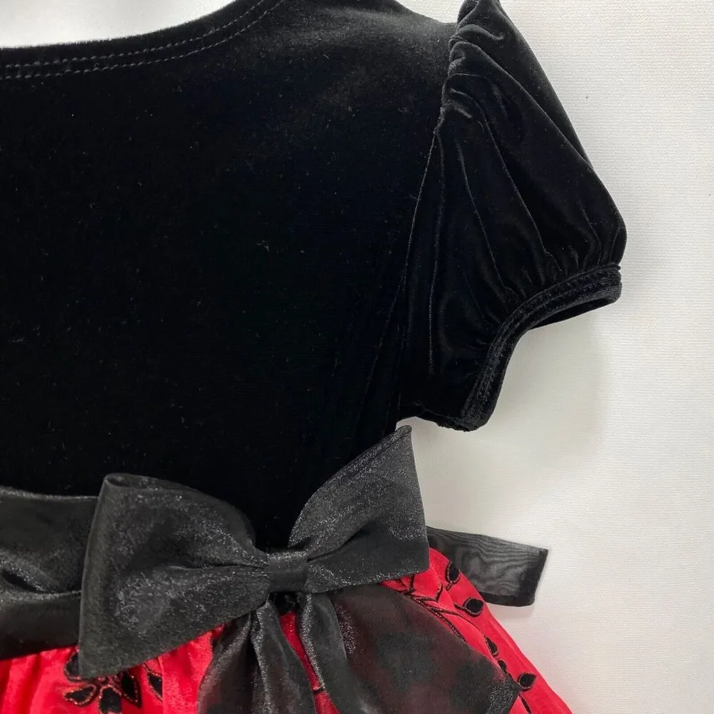 Rare Editions Girls Dress 3T Red Flocked Skirt Black Velvet Top Crinoline Bow